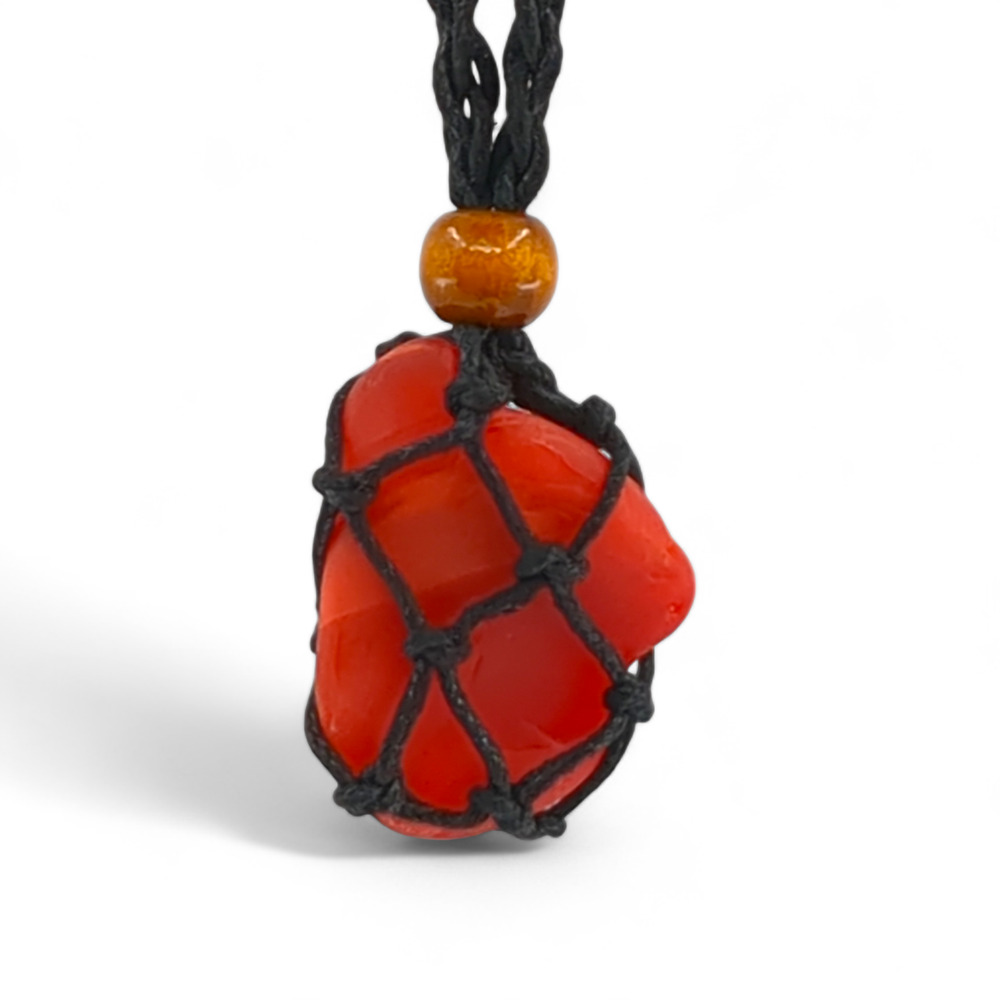 Red Swirl Tumbled Art Glass Handmade Pendant Necklace Black Braided Cord‎ J2423